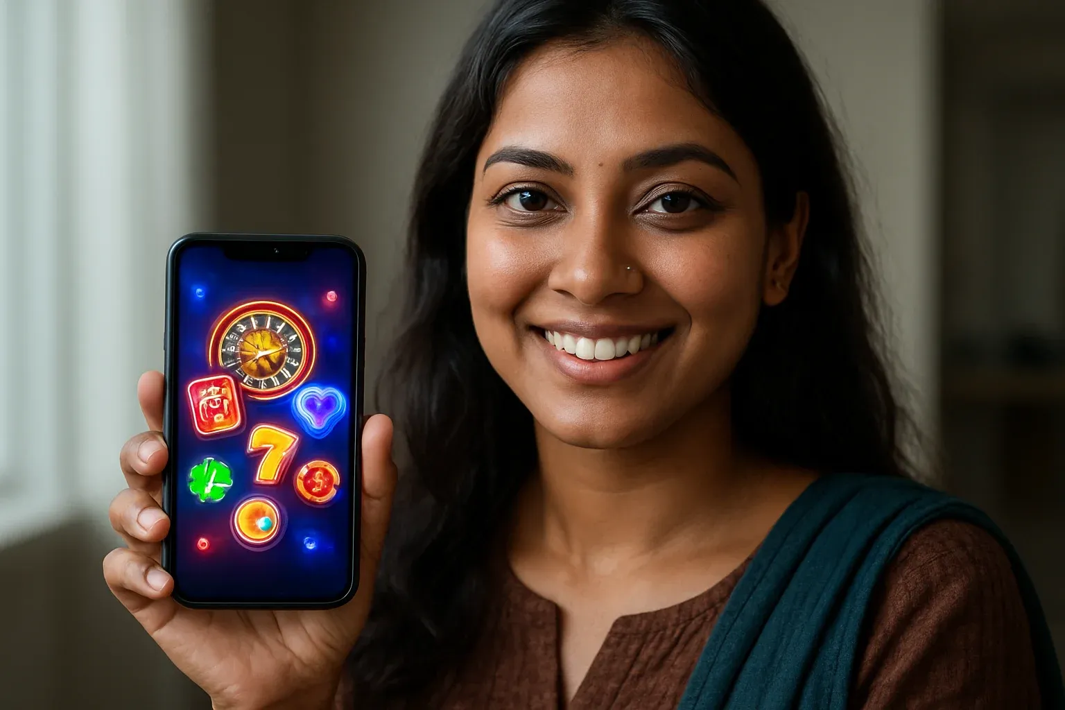 Young Bangladeshi woman holding glowing smartphone showing abstract casino app UI