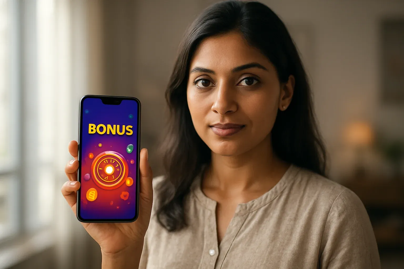 Bangladeshi woman holding glowing smartphone showing colorful casino bonus interface