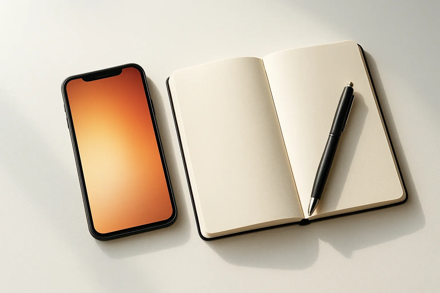 Smartphone beside pen and open blank notebook on white desk