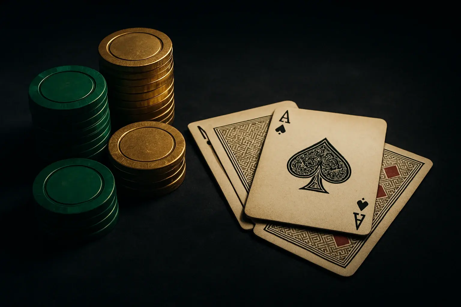 Hyperrealistic casino chips and playing cards on dark velvet under spotlight