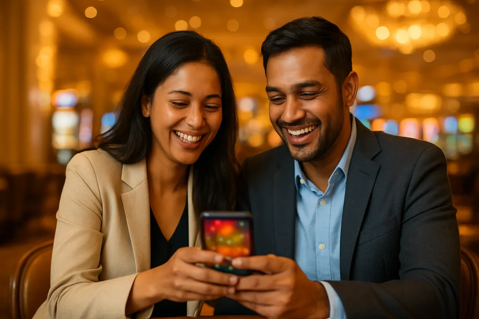 Smiling Bangladeshi couple sharing glowing smartphone in bright casino lounge