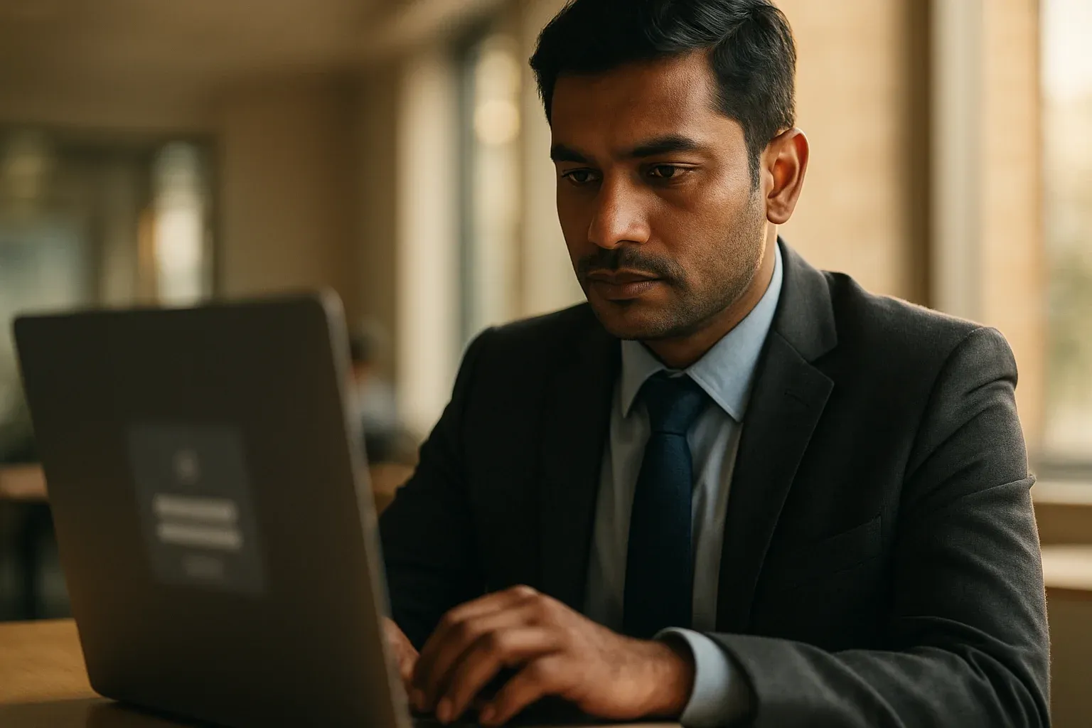 Bangladeshi professional using laptop in bright office with blurred login screen