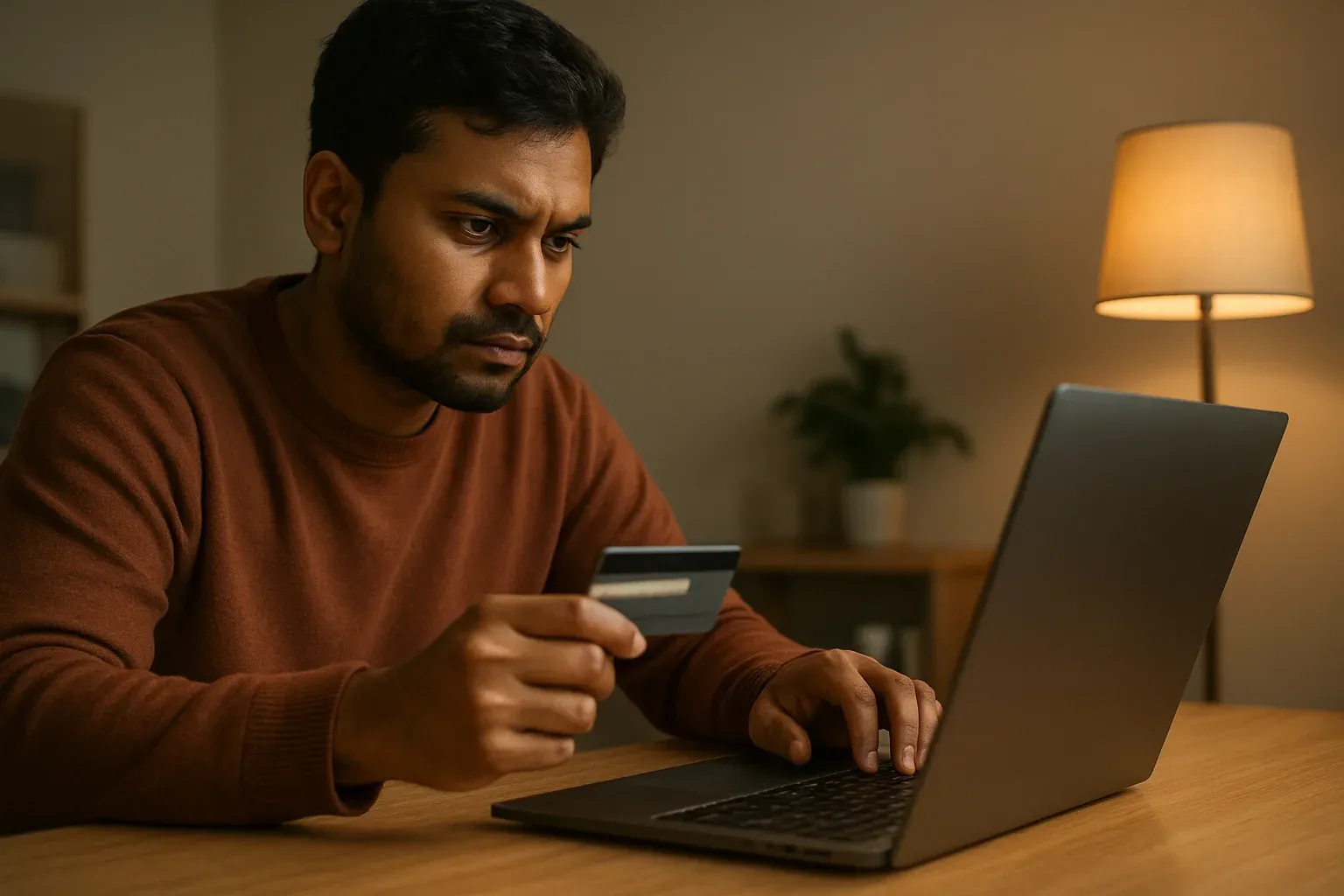 Bangladeshi man setting aside credit card beside laptop, budgeting responsibly