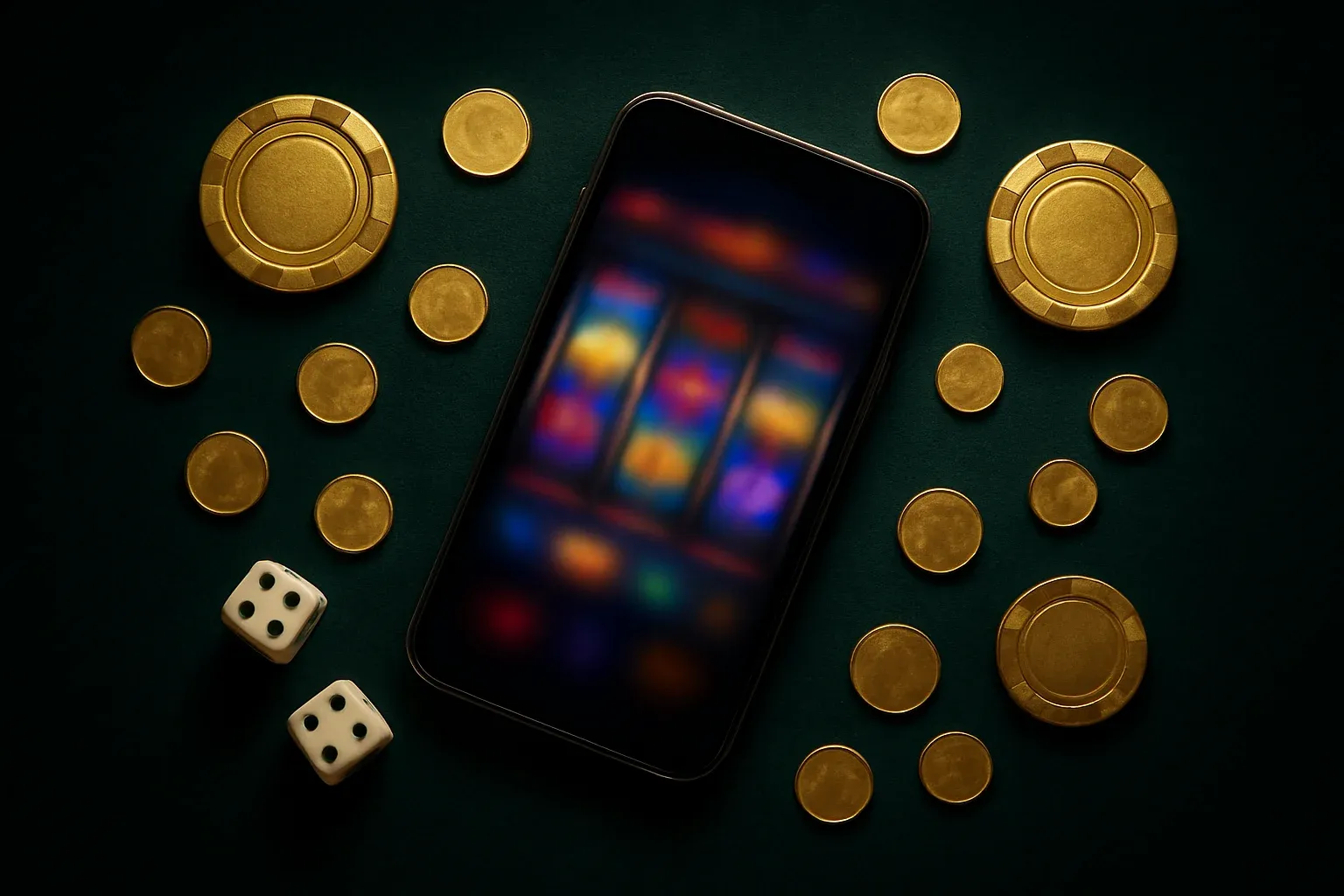 Smartphone showing blurred slot game, with gold chips, coins, dice